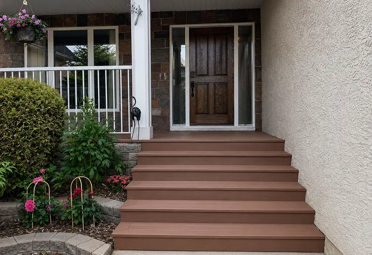 After front step staining in Calgary featuring a rich, solid reddish-brown protective coat on entrance stairs.