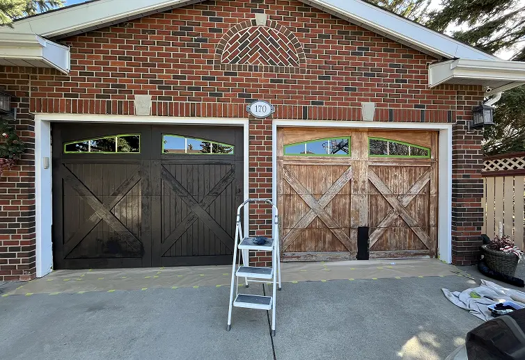 Exterior front door before professional painting and refinishing services in Calgary