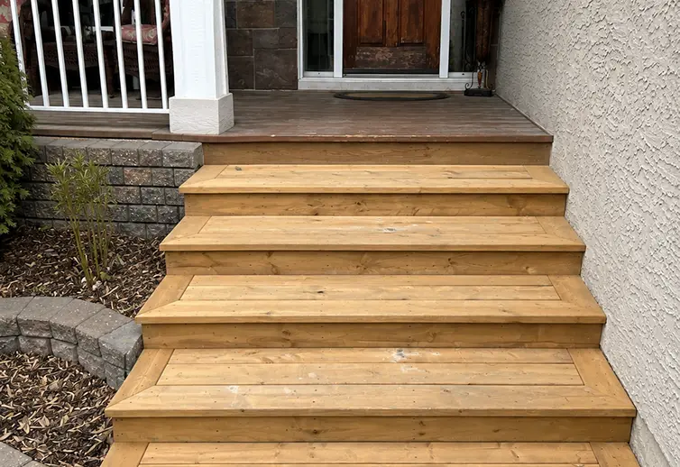 Before outdoor stair staining services in Calgary showing worn, light-colored natural wood front entrance steps.