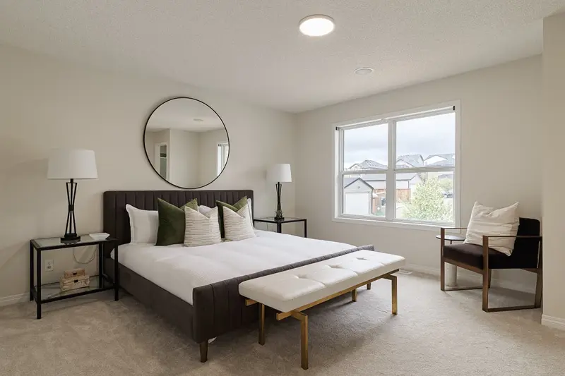 Master bedroom interior painting by Color Works Painting featuring a soothing, light gray wall color that complements modern bedroom furniture.