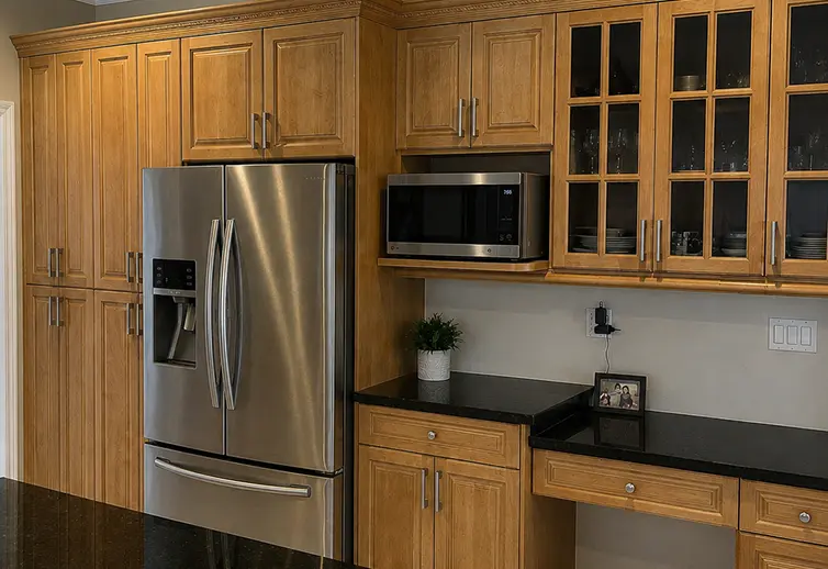 Original Calgary kitchen featuring natural wood cabinets, black countertops, and stainless steel appliances before cabinet painting.