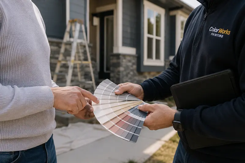 Calgary exterior painters discussing color swatches with a client during an on-site consultation