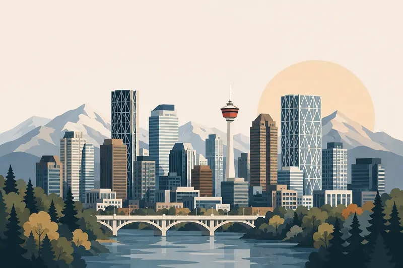 Stylized illustration of the Calgary skyline representing local community service by ColorWorks Painting