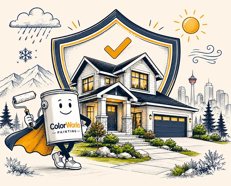 Color Works Painting mascot protecting a Calgary home with durable exterior residential house painting that withstands harsh weather conditions like rain, snow, and sun.