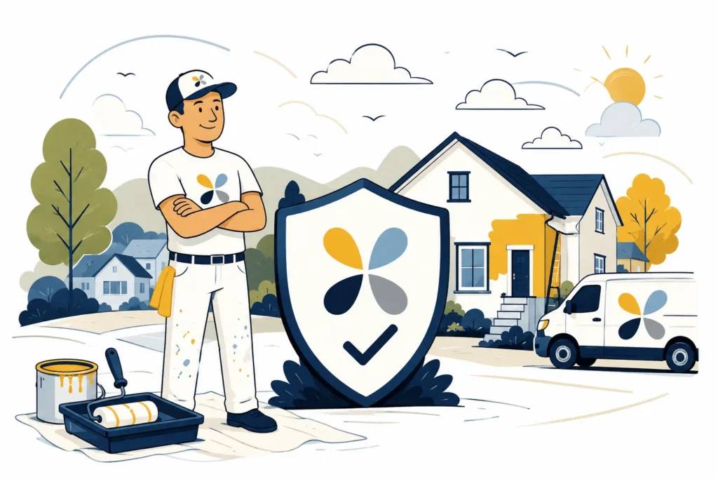 Calgary exterior painting contractor with protective shield in front of a home, representing long-lasting paint protection for Alberta weather conditions.
