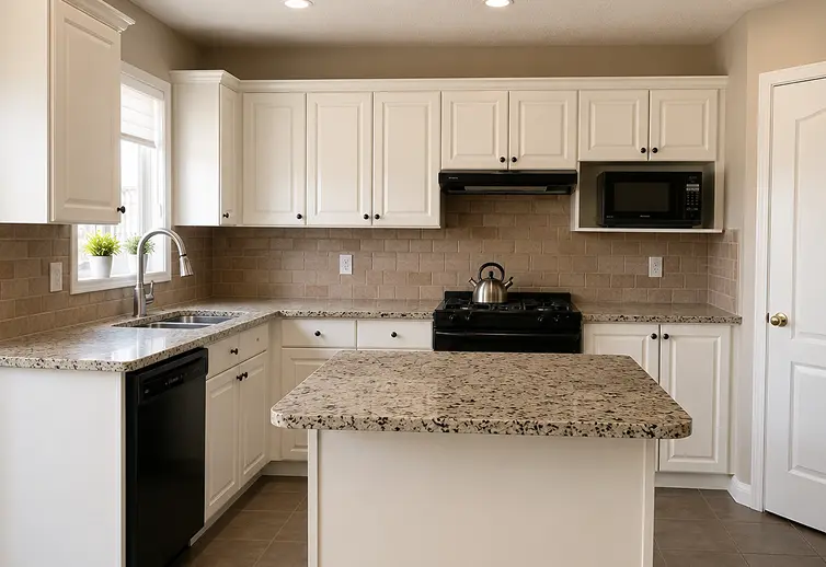 Freshly painted kitchen cabinets in a Calgary home, showcasing white cabinetry, granite countertops, and an updated contemporary look.