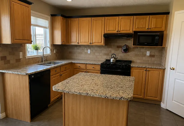 Kitchen in a Calgary home with oak wood cabinets, granite island, and dark finishes before professional cabinet painting.